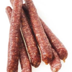 Beef Hot Italian six Sausage Grillers stacked together on white background