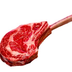 A Cut of our Beef Tomahawk Steak with the Bone in on White Backgorund