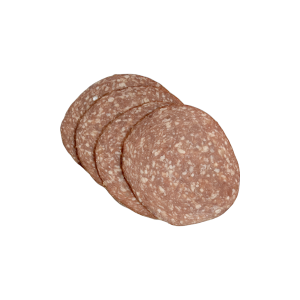 Four slices of raw Beef Uncured Sweet Bologna on white background