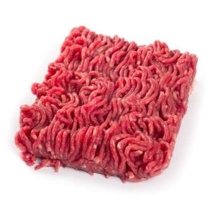 Raw Devon Grass Fed Ground Beef block on white background