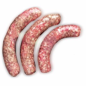 Three Raw Beef Kielbasa Grillers beside each other on White Background