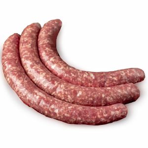 Three pieces of Beef Maple Sausage Grillers from Mary's Land Farm on white background