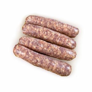 Four pieces of Beef Sage Breakfast Links on white Background