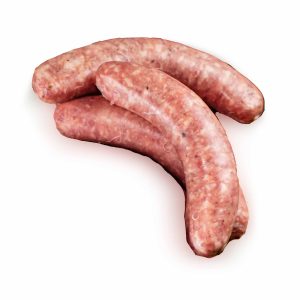 Three pieces of Beef Sage Sausage Grillers on white background