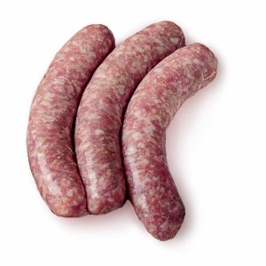 Three Pieces of Organic Beef Sausage Grillers beside each other on white background