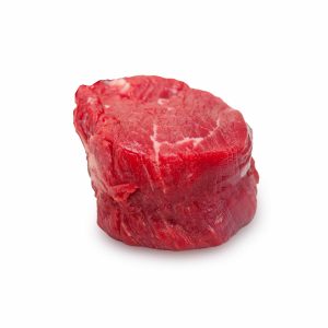 A premium cut of reddish and raw Organic Beef Filet on White Background
