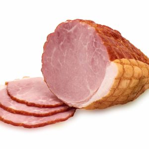 A whole and sliced picture of our smoked ham boneless roast on white background