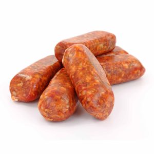 5 Pieces of Raw Pork Chorizo Breakfast Links Stacked together on a white background