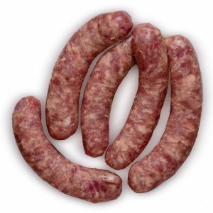 Five pieces of Pork Kielbasa Grillers beside each other on white background