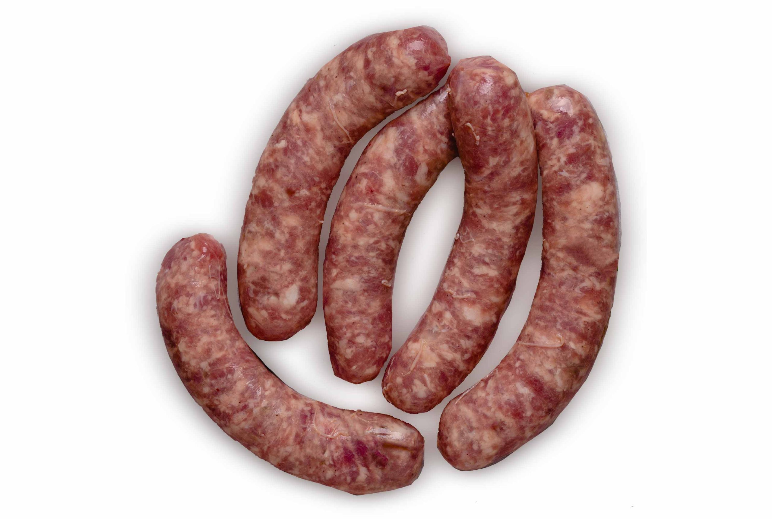Five pieces of Pork Kielbasa Grillers beside each other on white background