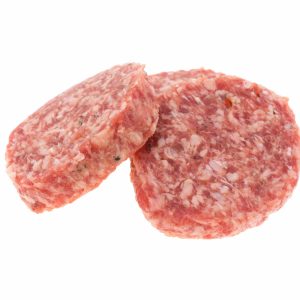 2 Pieces of Raw Pork Sausage Maple Patties on White Background