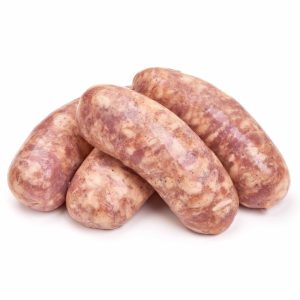 Pork Sage Sausage Links, 4 pieces stacked together on white background