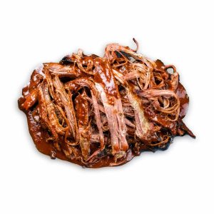 A Lump of Pulled Pork in Sauce on White Background